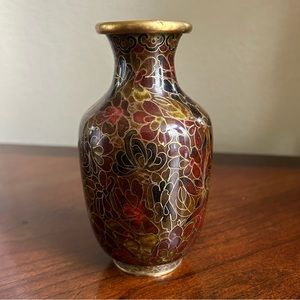 Vintage Asian cloisonné dark reds , browns , black vase , gold rim and details